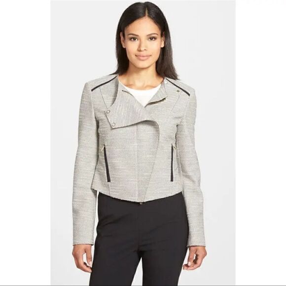 🍋 Boss Hugo Boss •Women’s Grey Cotton Tweed Moto Jacket Size 10 - Picture 2 of 9